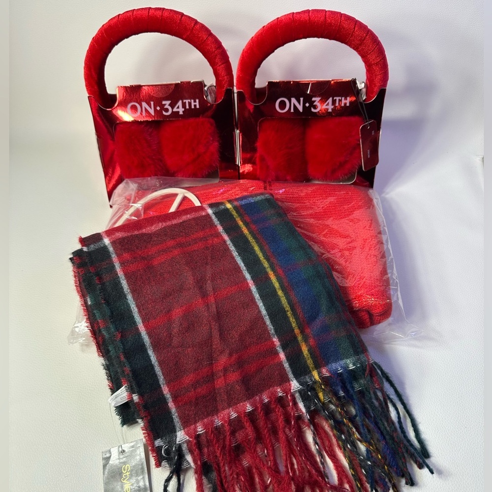 4 PIECE SET WOMEN’S RED WINTER GIFT SET, KNIT SCARF, PLAID SCARF, 2 EARMUFFS